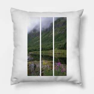 Wonderful landscapes in Norway. Senja, Nordland. Beautiful scenery of a valley with lupine flowers on the rocks. Mirror in the lake. Cloudy summer day. Fog and mountains in background (vertical) Pillow