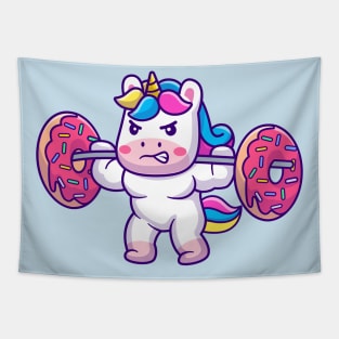 Cute Unicorn Lifting Donut Barbell Cartoon Tapestry