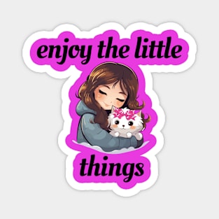 Enjoy The Little Things , Little girl with a kitten wearing a coquette bow. Magnet