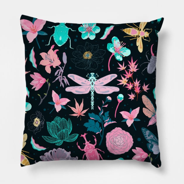 Flowers and insects surface pattern Pillow by ChelseaSwan