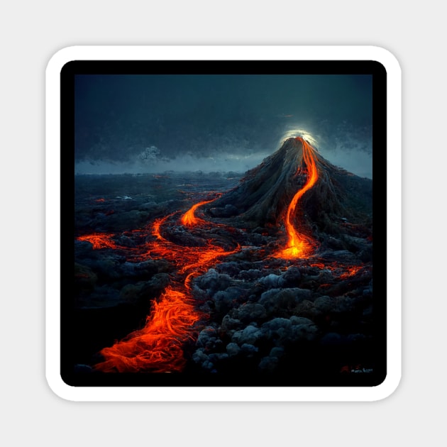 Volcano after eruption with lava flowing down across the landscape. Magnet by Liana Campbell