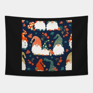 Autumn Gnomes with Long White Beards and Knitted Hats on Blue Background Tapestry