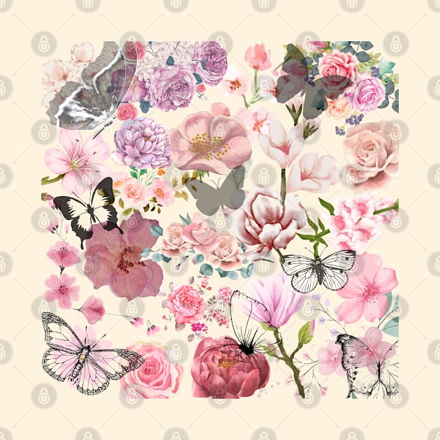 Vintage Flowers and Butterfly Floral Wallpaper Beige Background by GoodyL