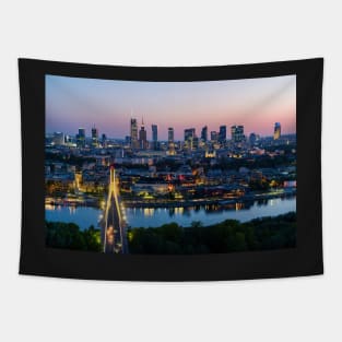 Warsaw city center, Vistula river and Swietokrzyski bridge at dusk Tapestry