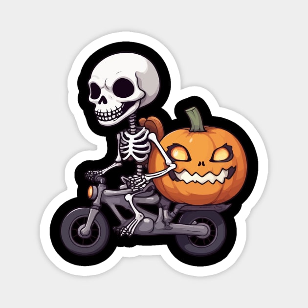 Skeleton Riding Vintage Bicycle Halloween Funny Pumpkin Magnet by Rishirt