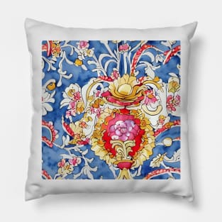 Watercolor and vector blue, gold and red scroll seamless pattern Pillow