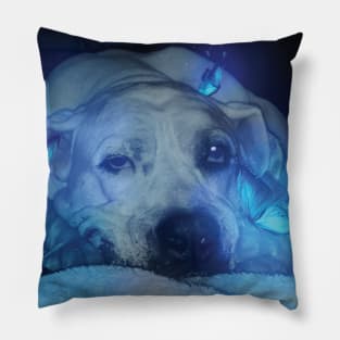 Dog and Blue Glowing Butterflies Pillow