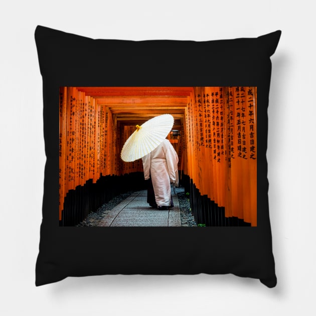 Shinto Priest at Fushimi Inari Taisha Pillow by LukeDavidPhoto