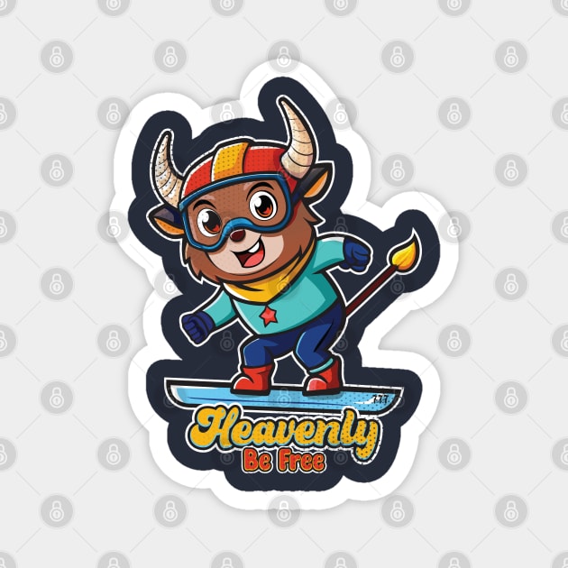 Cute Bull Snowboarding Heavenly Magnet by Surrealcoin777