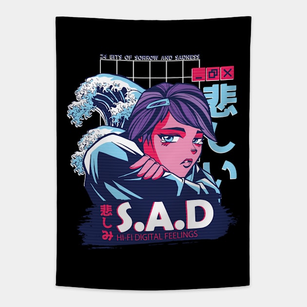 Japanese Sad Girl Anime Vaporwave Art Style Tapestry by Visual Vibes