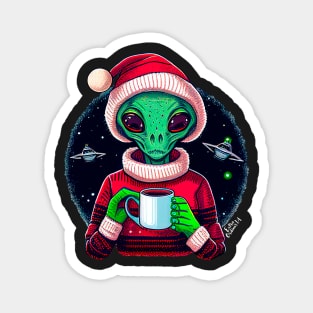 Christmas Funny Alien Drinking Coffee Wearing Sweater Magnet