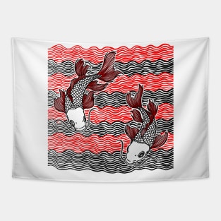 Double Koi Fish Great Wave Tattoo Tapestry