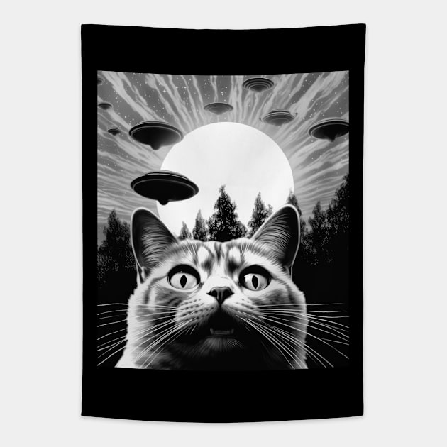 Cat Selfie With UFO Tapestry by Visual Vibes