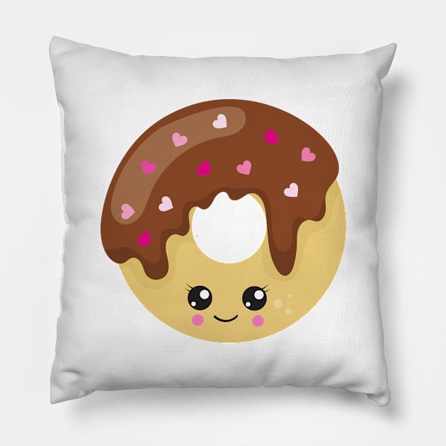 Kawaii Donut, Chocolate Donut, Doughnut, Hearts Pillow by Jelena Dunčević