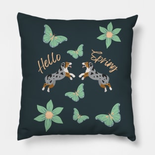 Hello Spring with Blue Merle Australian Shepherd Dog, Flowers and Butterflies Pillow