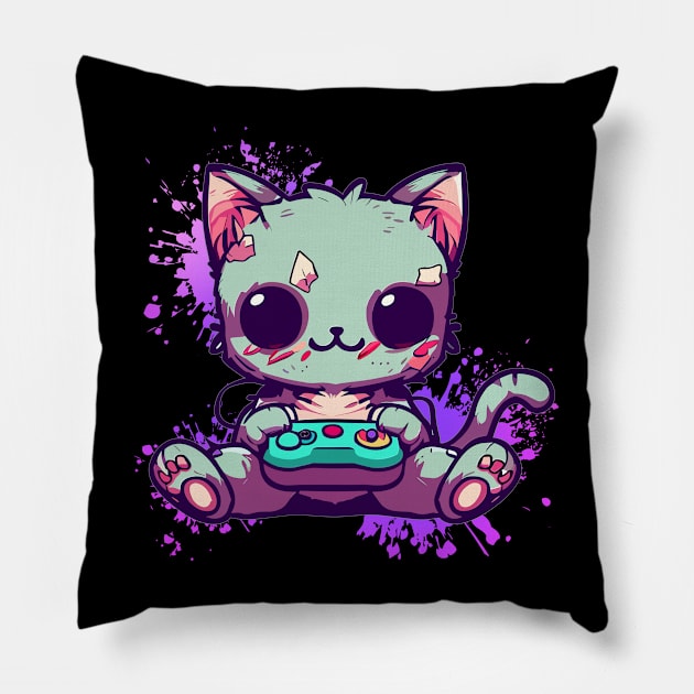 Zombie Cat Playing Pillow by VectX