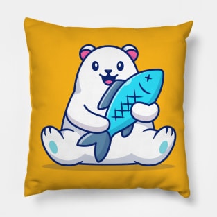 Cute Polar Bear Holding Big Fish Cartoon Pillow