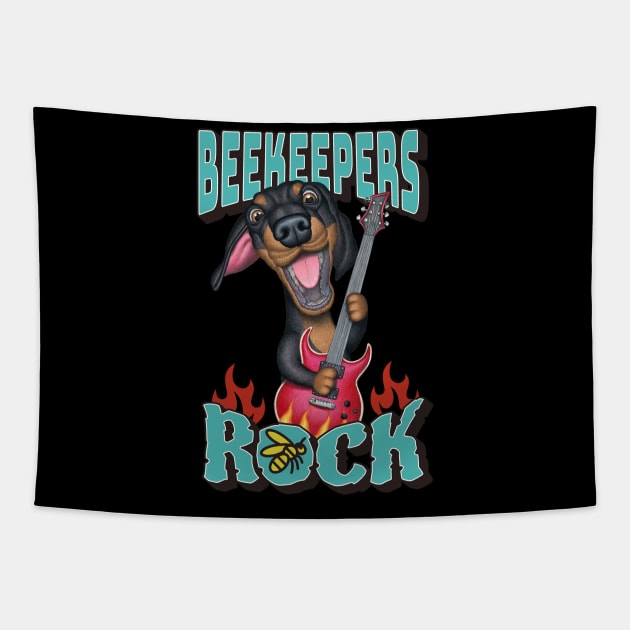 Cute funny Beekeepers Rock with dachshund doxie dog with guitar tee Tapestry by Danny Gordon Art