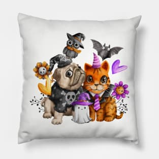 Cat and Dog Halloween Pillow