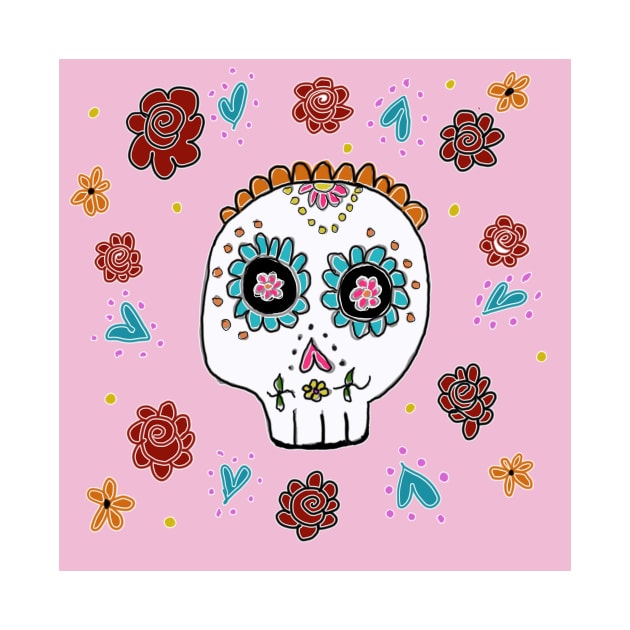 Sugar Skull and Roses pastel pink background by LisaCasineau