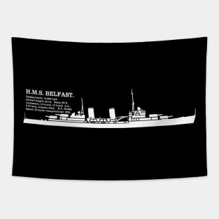 HMS Belfast British WW2 Light Cruiser Ship Infographic Silhouette Tapestry