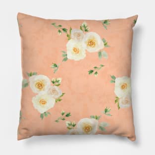 White Roses on Peach Fuzz Abstract Floral Pillow