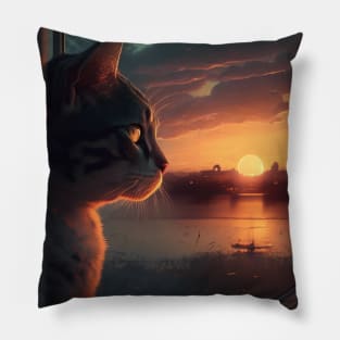 Design of a grey cat watching a sunset in Mexico Pillow
