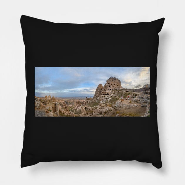 Uchisar Castle, town in Cappadocia, Turkey Pillow by mitzobs