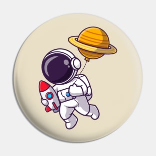 Cute Astronaut Holding Rocket With Planet Balloon Cartoon Pin