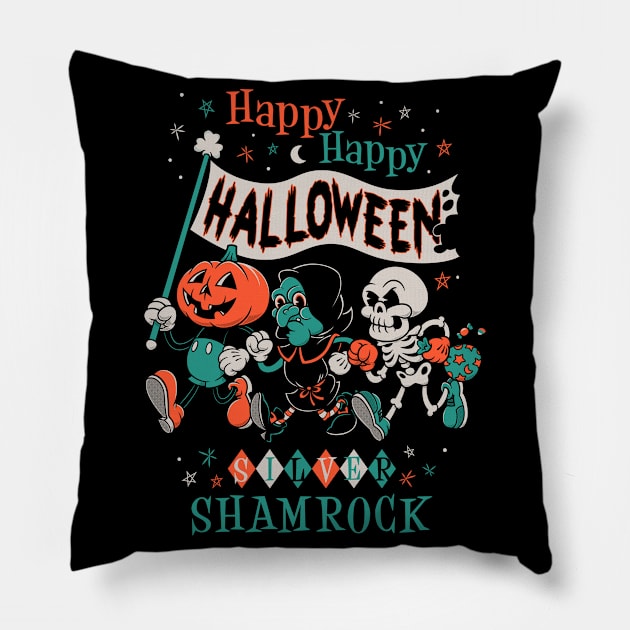 Happy Halloween Vintage Cartoon - Silver Shamrock - Creepy Cute Pumpkin Pillow by Nemons