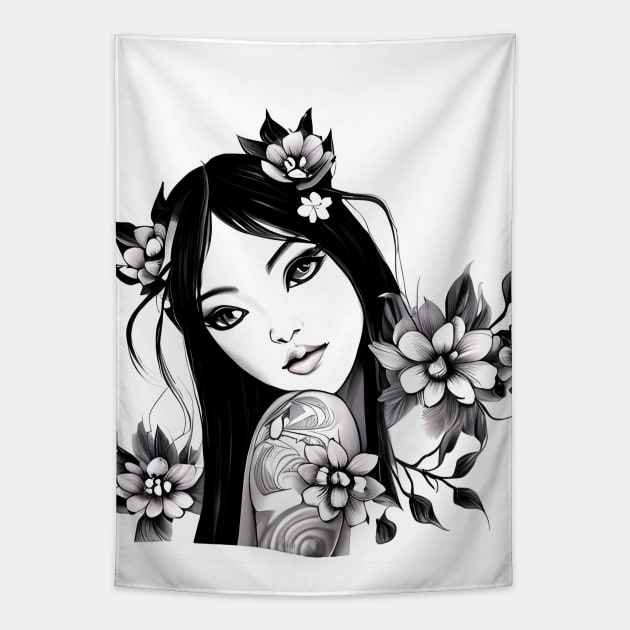 girl tatoo art flowers Tapestry by animegirlnft