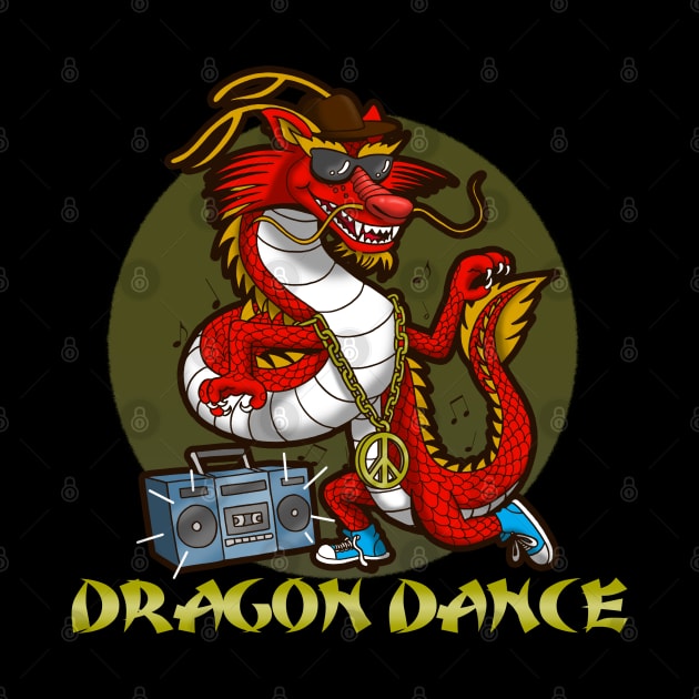 Funny Cool Cute Dancing Dragon Retro 80's 90's Music Boombox Urban Chinese New Year 2024 Cartoon by BoggsNicolas