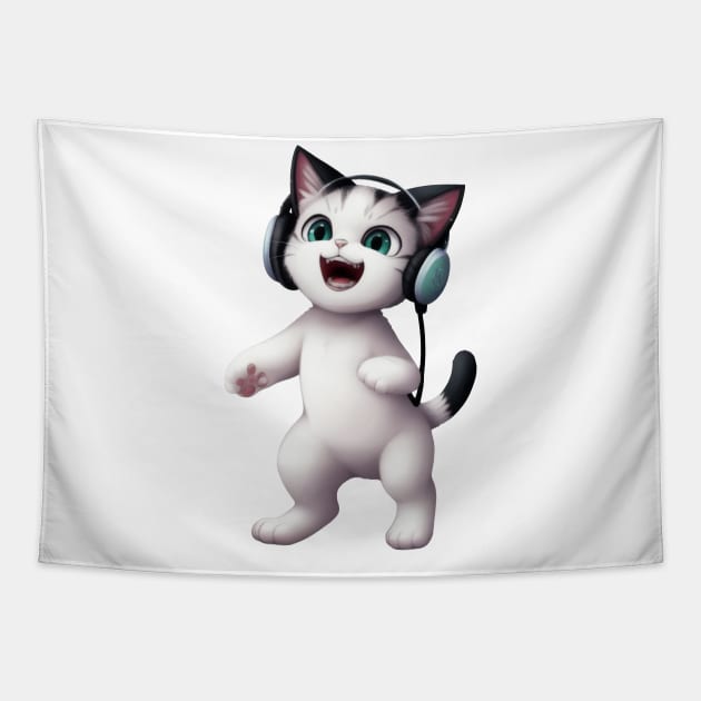 Cat with Headphones Tapestry by Rishirt