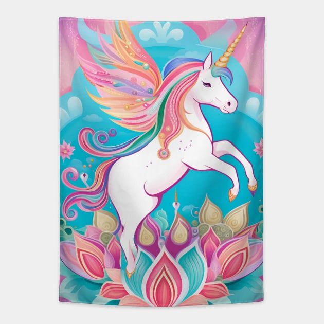 Unicorn Flying Lotus Mandala Tapestry by mariasshop