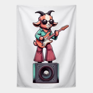 Groovy 70s Guitar-Playing Goat - Colorful Cartoon Vector Art Tapestry