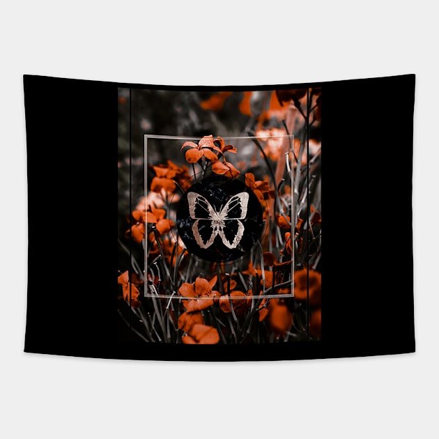 Aesthetic beautiful bloom flowers butterfly love romantic marble gold elegant vintage retro red Tapestry by AGRHouse