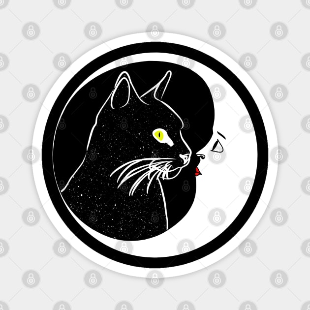 Black Cat Kissing Crescent Moon Face Magnet by Manzo Carey