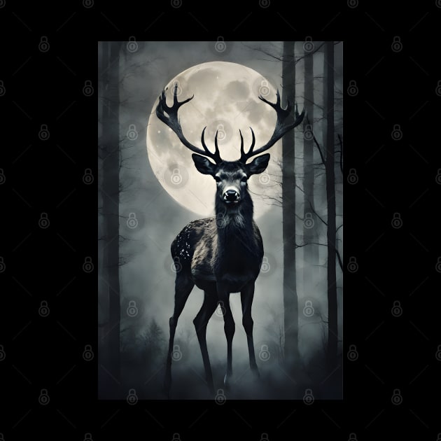 Deer in a Mysterious Dark Foggy Forest Vintage Art by Art-Jiyuu