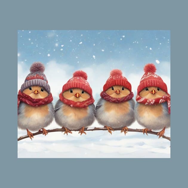 Four Cute Robins in Hats and Scarves on a Branch by susiesue