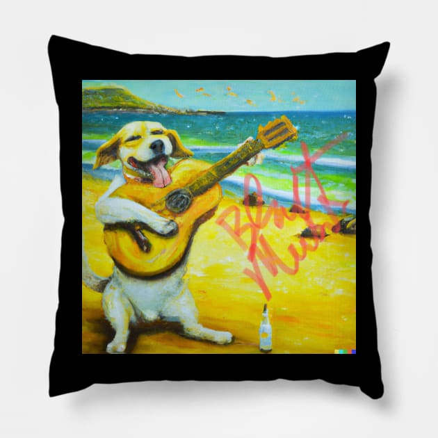 Dog playing guitar on beach Pillow by Blast Music