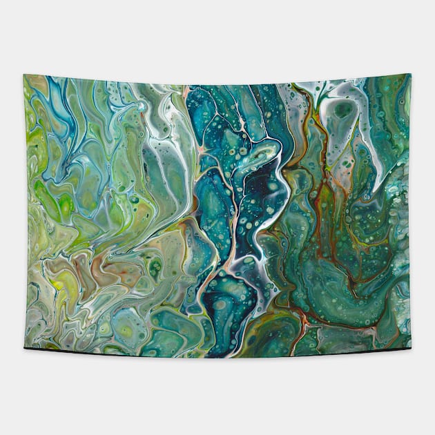 Poured acrylic paints green blues Tapestry by kittyvdheuvel