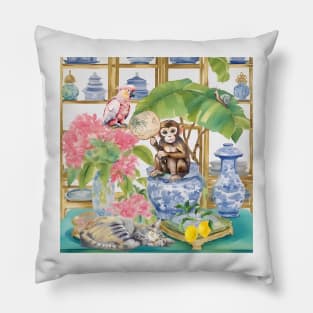 Monkey, pink cockatoo parrot and tabby cat in chinoiserie interior Pillow