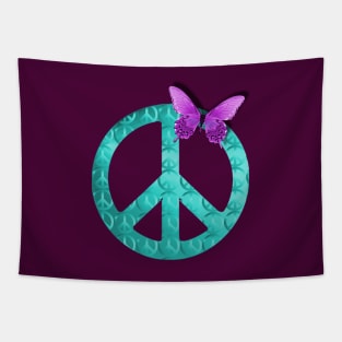 Pastel Blue Peace Sign with Purple Butterfly Tapestry