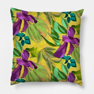 Blooming tropical flowers and leaves pattern floral illustration, yellow tropical pattern over a Pillow