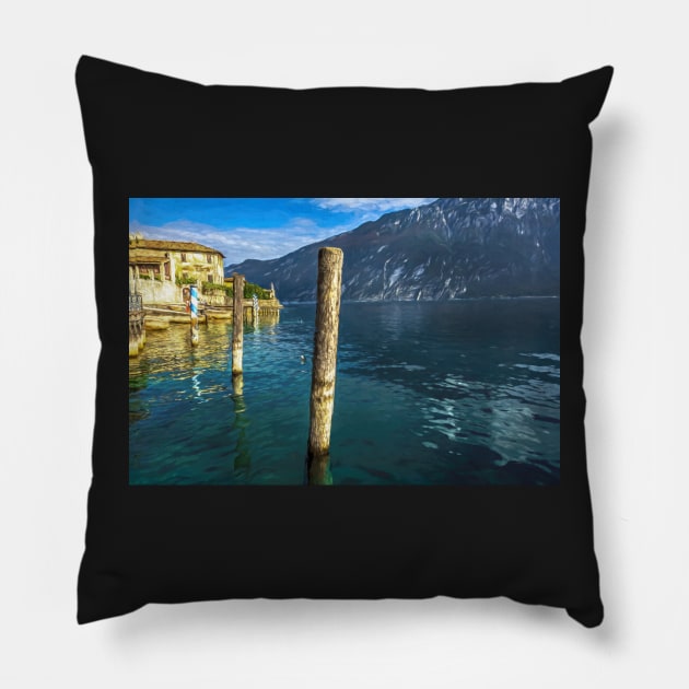 The waterside at Limone Sul Garda Pillow by IanWL
