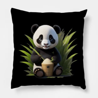 Cute baby panda sitting eating bamboo Pillow