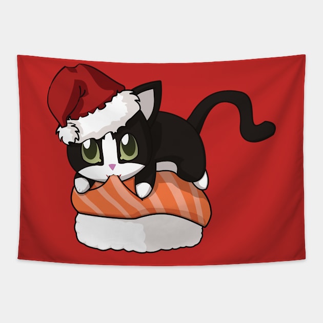 Tuxedo Cat Salmon Sushi Christmas Tapestry by Myanko