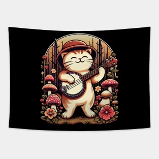Cute Cottagecore Aesthetic Cat Playing Banjo Mushroom Tapestry