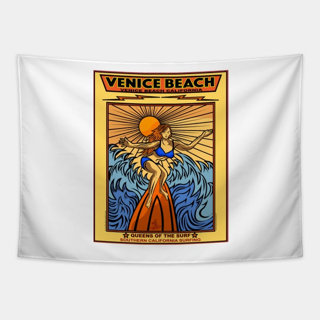 SURFING VENICE BEACH CALIFORNIA QUEENS OF THE SURF Tapestry by Larry Butterworth