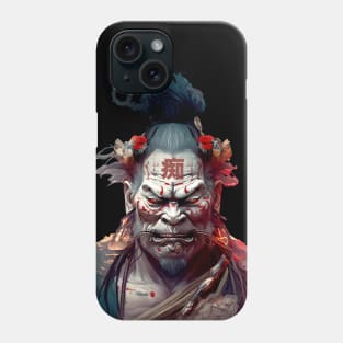 Wrath of a Samurai No. 2: Oni Transformation -- Perturbed Samurai with the word for "Idiot", "Stupid" in kanji (痴 [chī] ) on his forehead on a Dark Background Phone Case